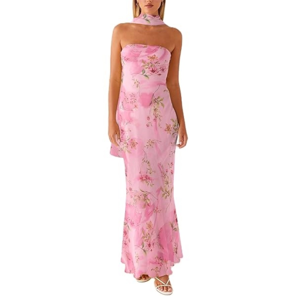 Elegant Pink Floral Strapless Dress